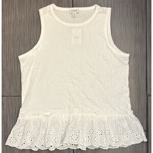 J Crew Women’s White Tank Top Ruffled Scalloped Eyelet Hem Size XS NWT
